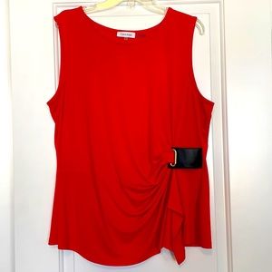 Calvin Klein tomato red sleeveless top with flattering ruching detail at waist